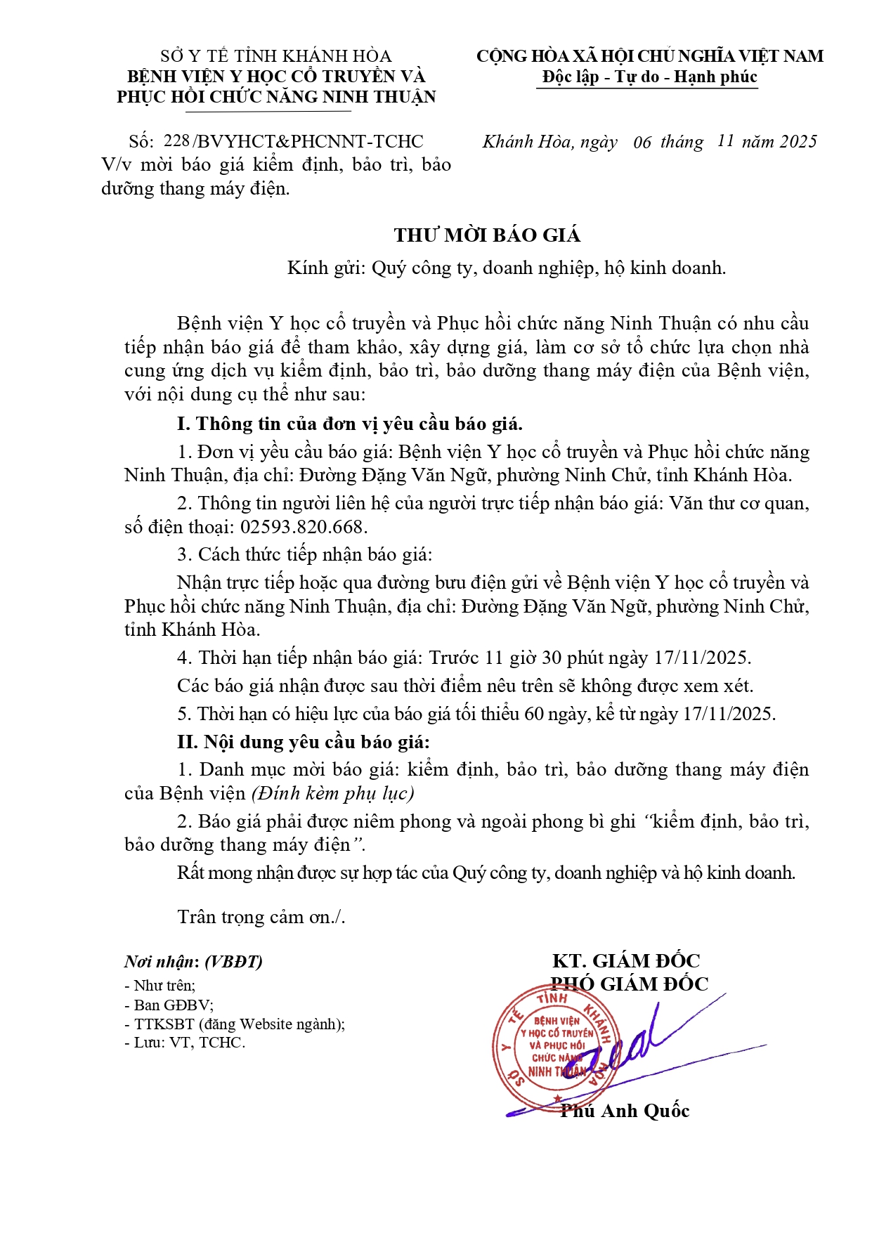 V/v mời báo giá kiểm định, bảo trì, bảo dưỡng thang máy điện.